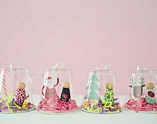 RECYCLED PLASTIC CUP PEG DOLL SNOW GLOBE ORNAMENT