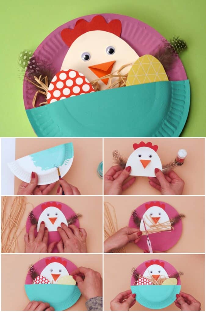 Paper Plate Easter Craft - Cute mama hen and chick Easter art for kids.